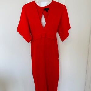 TOPSHOP Bold Red V-Neck Midi Dress with Flutter Sleeves